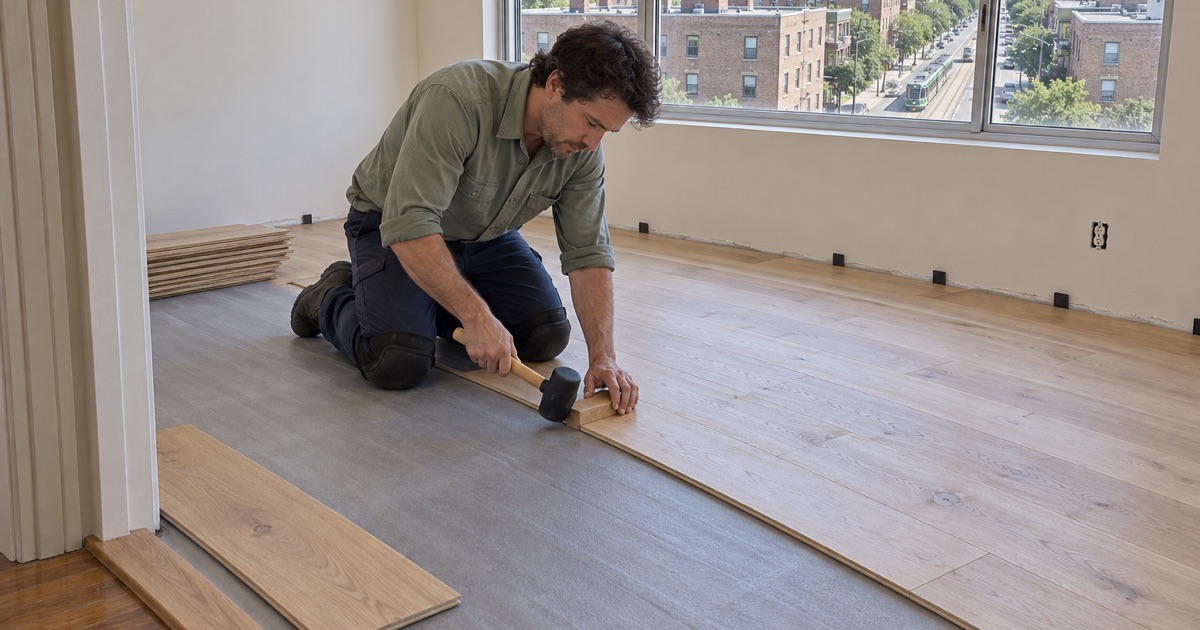Worker seating a new engineered white oak plank with a tapping block in a bedroom of a Brookline mid-rise condominium.