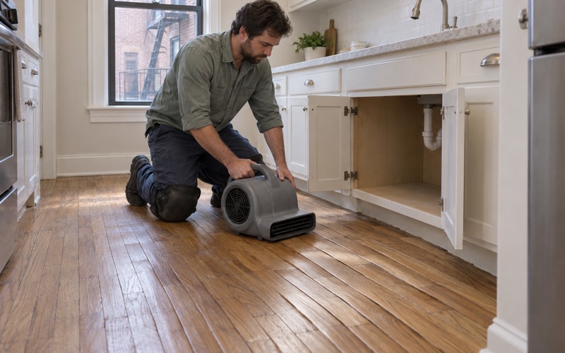 Worker setting an air mover to blow across cupped oak boards in front of a leaking sink cabinet in a prewar condominium kitchen in Brookline.
