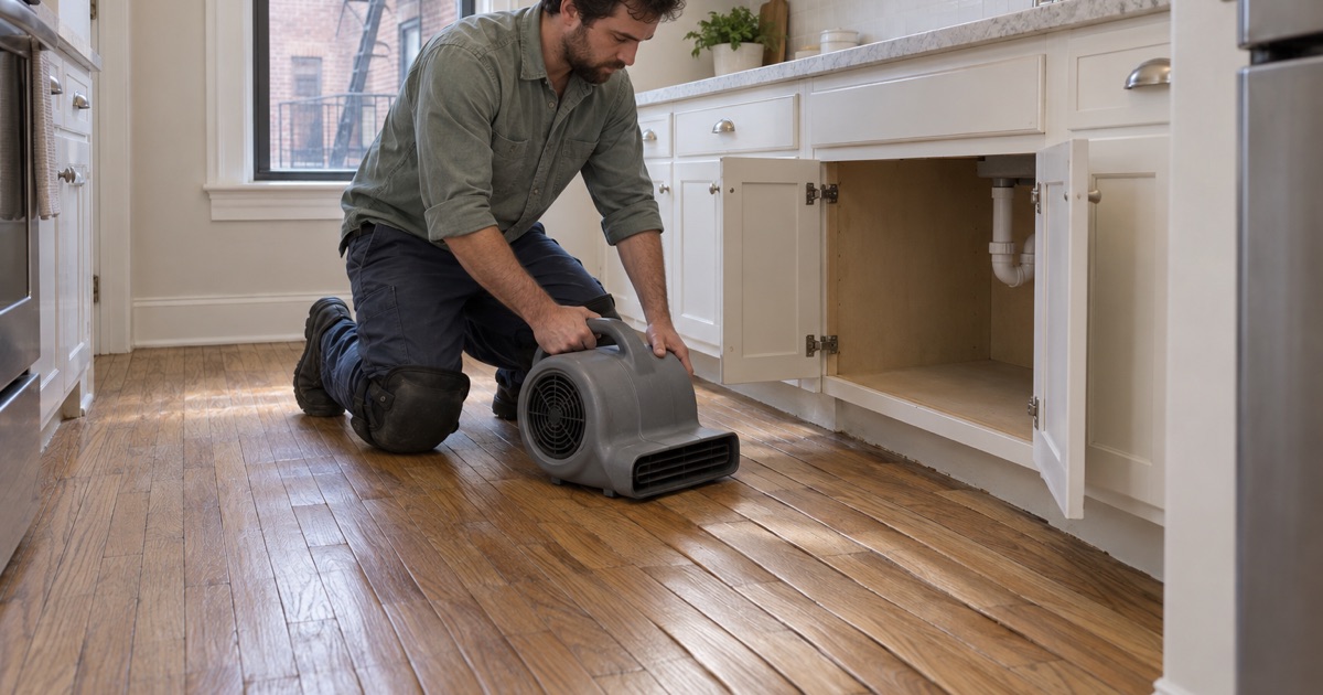 Worker setting an air mover to blow across cupped oak boards in front of a leaking sink cabinet in a prewar condominium kitchen in Brookline.