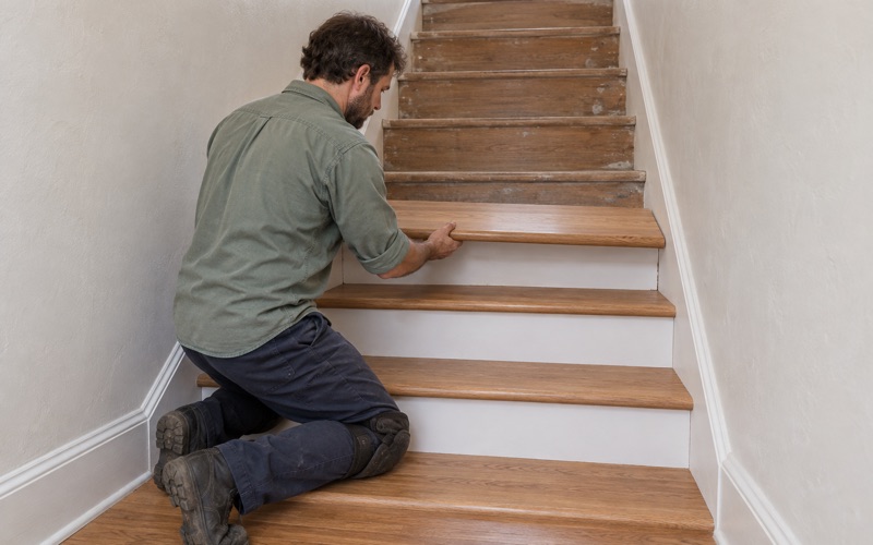 Worker lowering a new red oak stair tread with a rounded nosing onto the stair of a two-family house in Brookline.