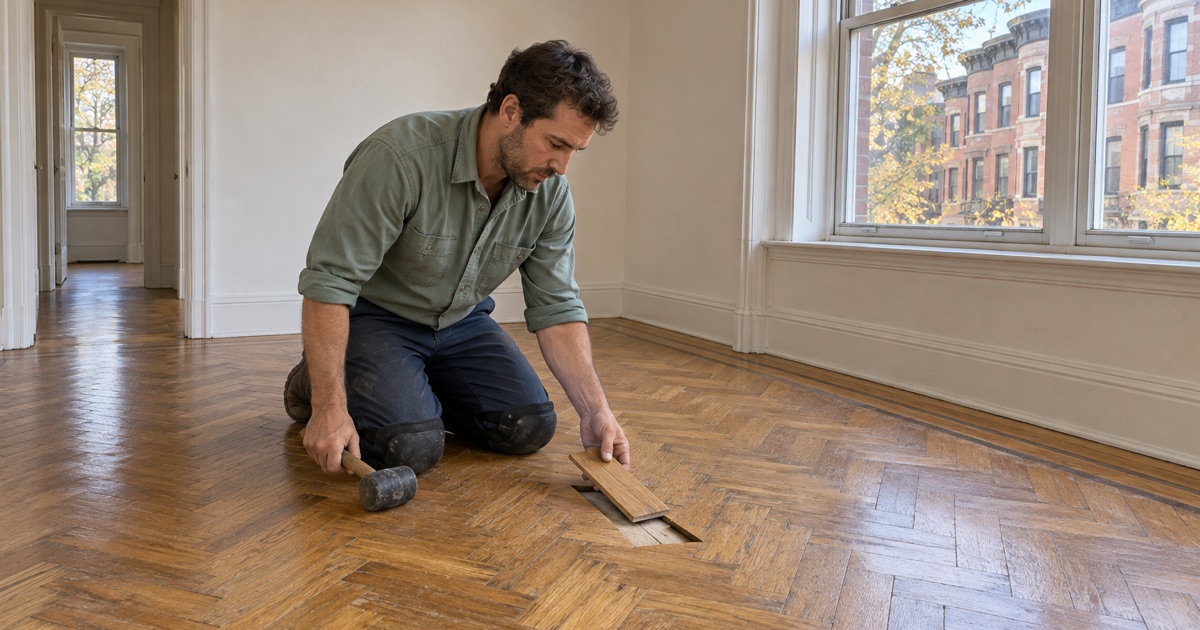 Worker setting a new oak slat into an old herringbone parquet floor in a prewar Brookline apartment.