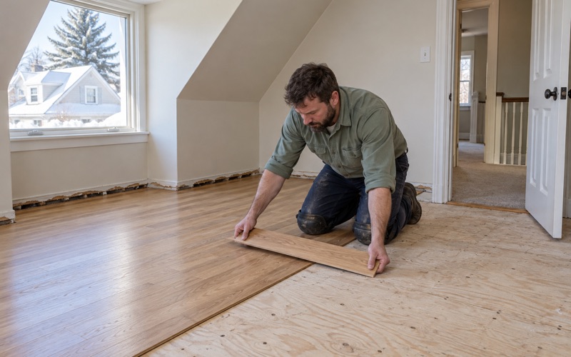 Worker laying new oak strip flooring where carpet was removed in an upstairs bedroom of a Cape house in Brookline, old carpet still in the hall.
