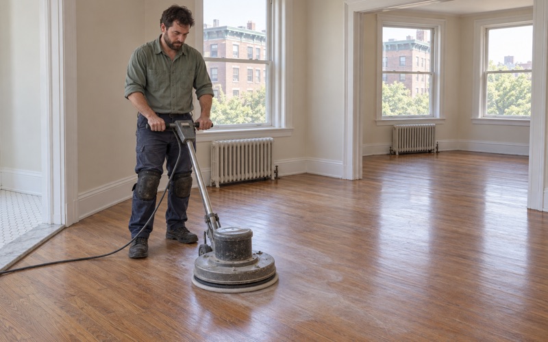 Worker screening the finish on a sound oak floor with a floor buffer before a fresh recoat in a Brookline condominium.