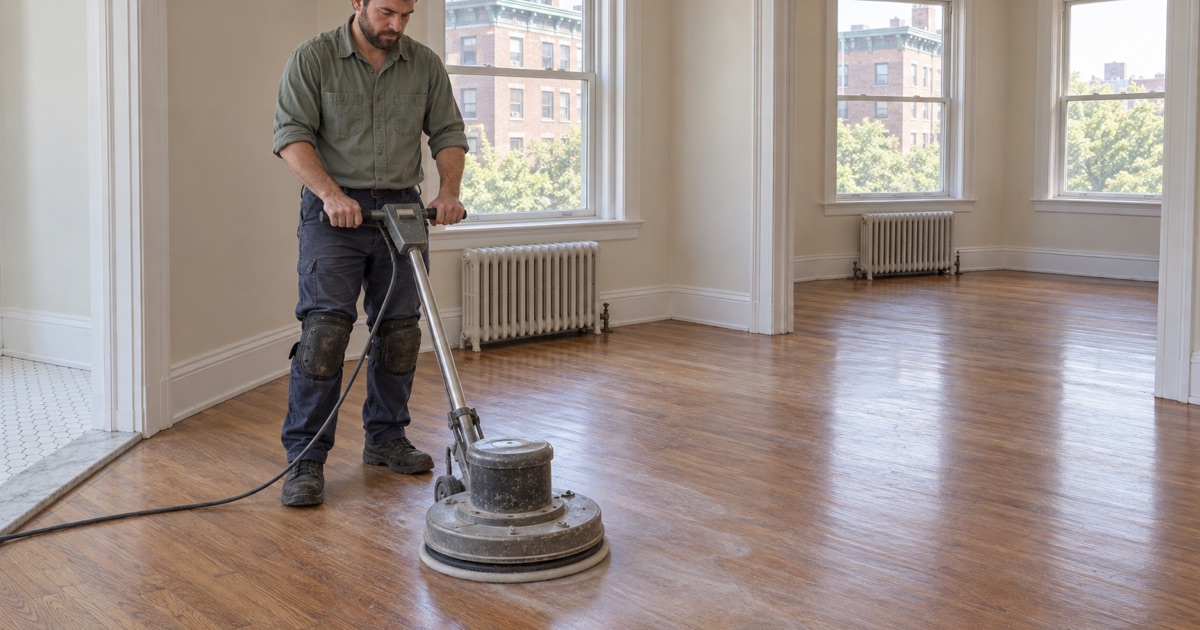 Worker screening the finish on a sound oak floor with a floor buffer before a fresh recoat in a Brookline condominium.