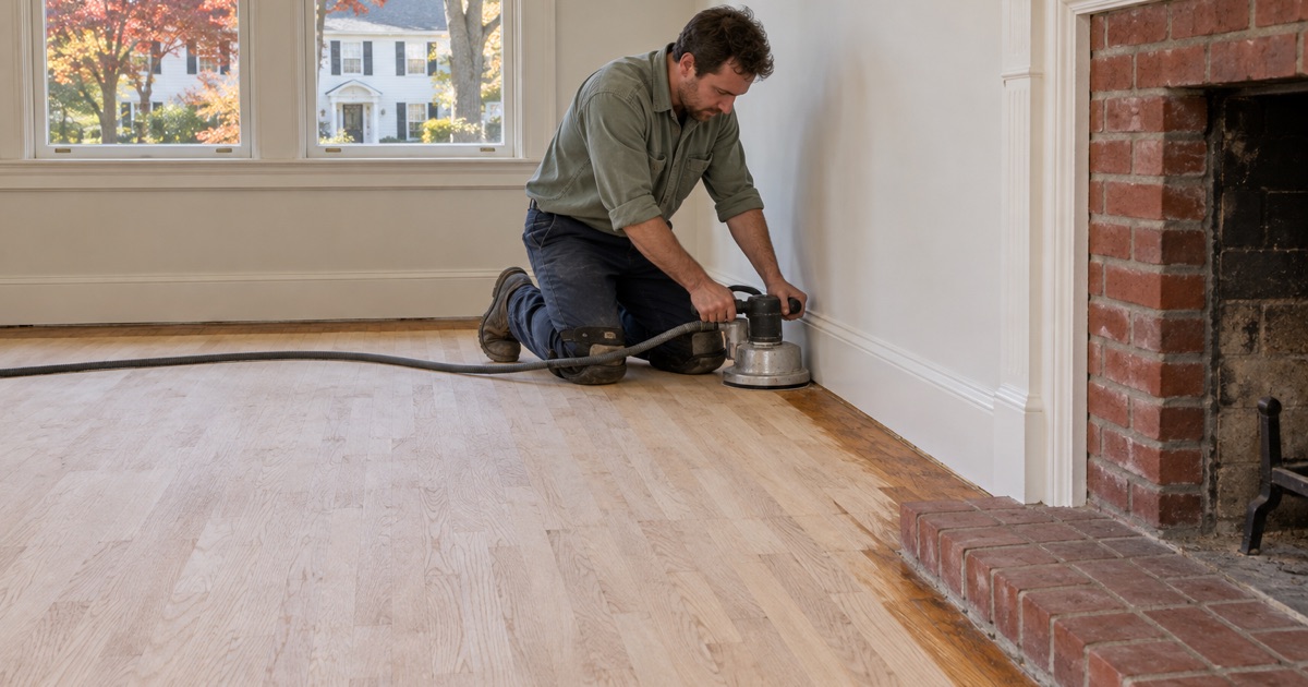 Worker running an edger along the baseboard of a sanded red oak floor in a Colonial Revival living room in Brookline.