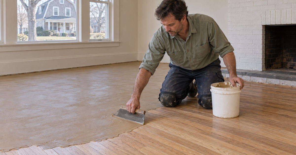 Worker trowel-filling the seams of a sanded oak floor in a prewar house in Arlington.