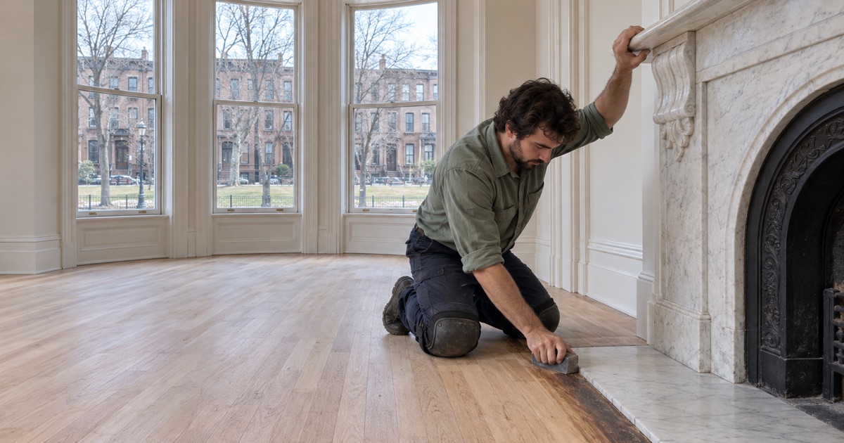 Worker hand-sanding the oak floor along a marble hearth in a Back Bay brownstone condominium.