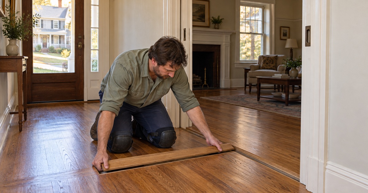 Worker fitting a new oak threshold at the pocket-door opening between the front hall and parlor of a prewar house in Belmont.
