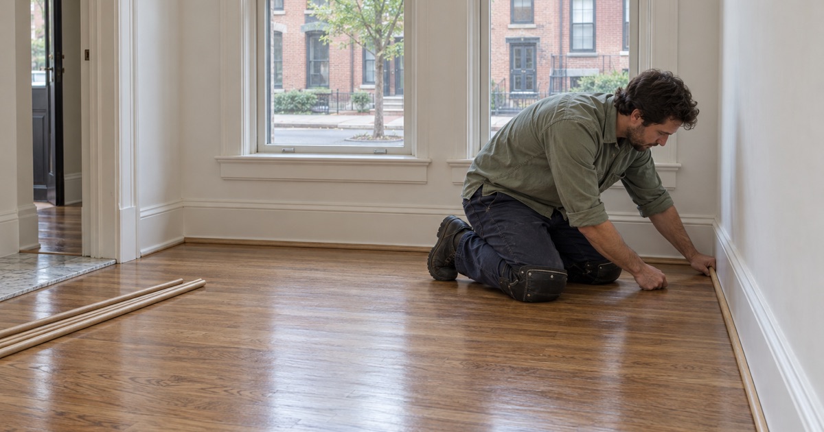 Worker fitting shoe molding back along a refinished oak floor in an empty Boston rental apartment before new tenants move in.