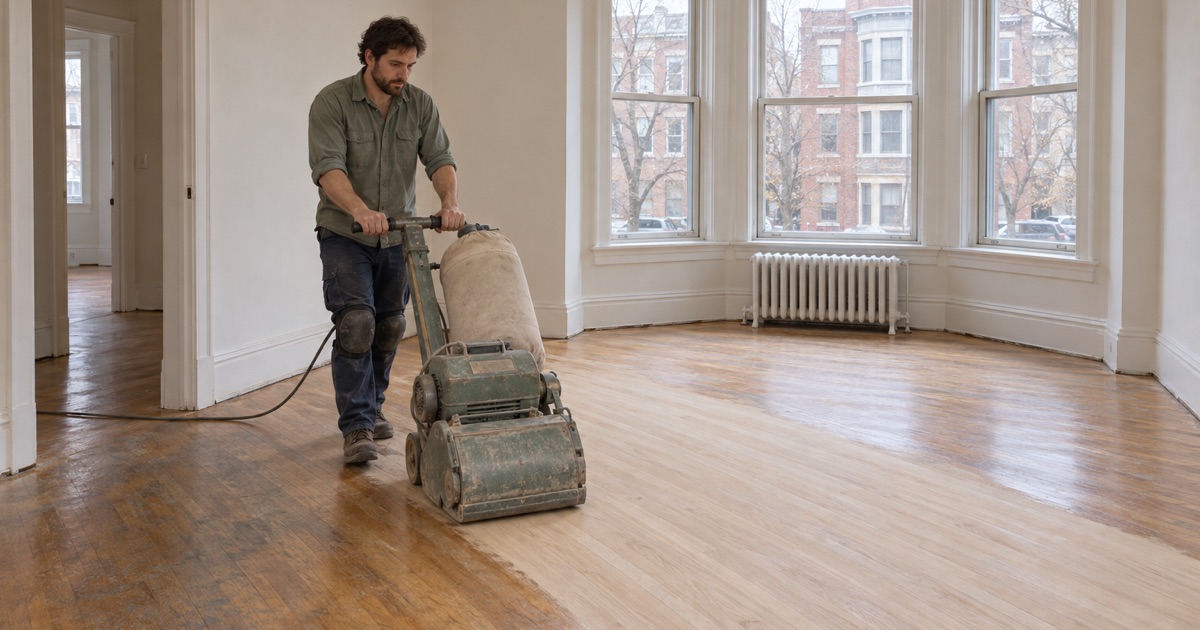 Worker walking a drum sander across red oak strip flooring in a prewar brick condominium in Brookline, a cast-iron radiator under the bay window.