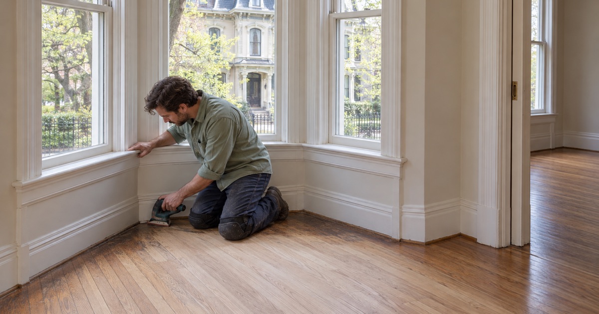 Worker sanding into the corners of a bay window alcove on an oak floor in a Victorian house in Cambridge.