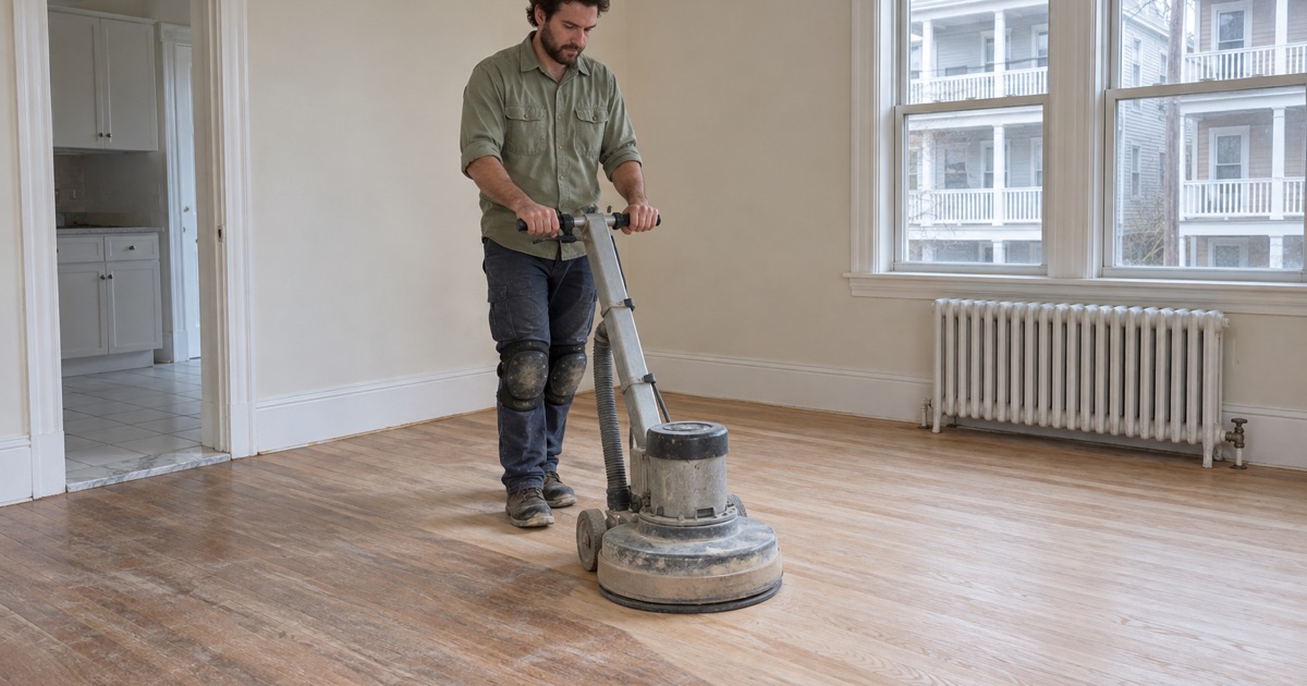 Oak floor being sanded between tenants in a Chelsea three-unit house.