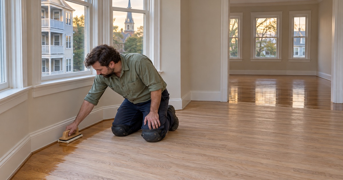 Worker coating the edge of a refinished oak floor around the bay window of a three-decker flat in Dorchester.