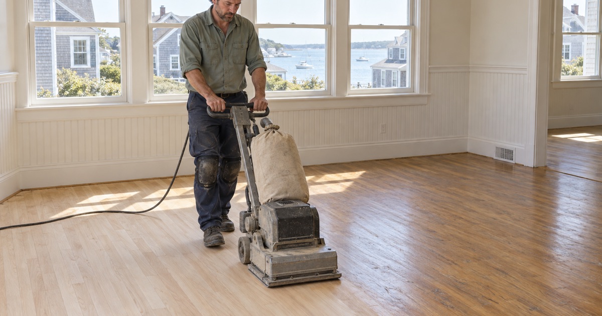 Worker sanding the oak floor of an older shingled house near the water in Hull.