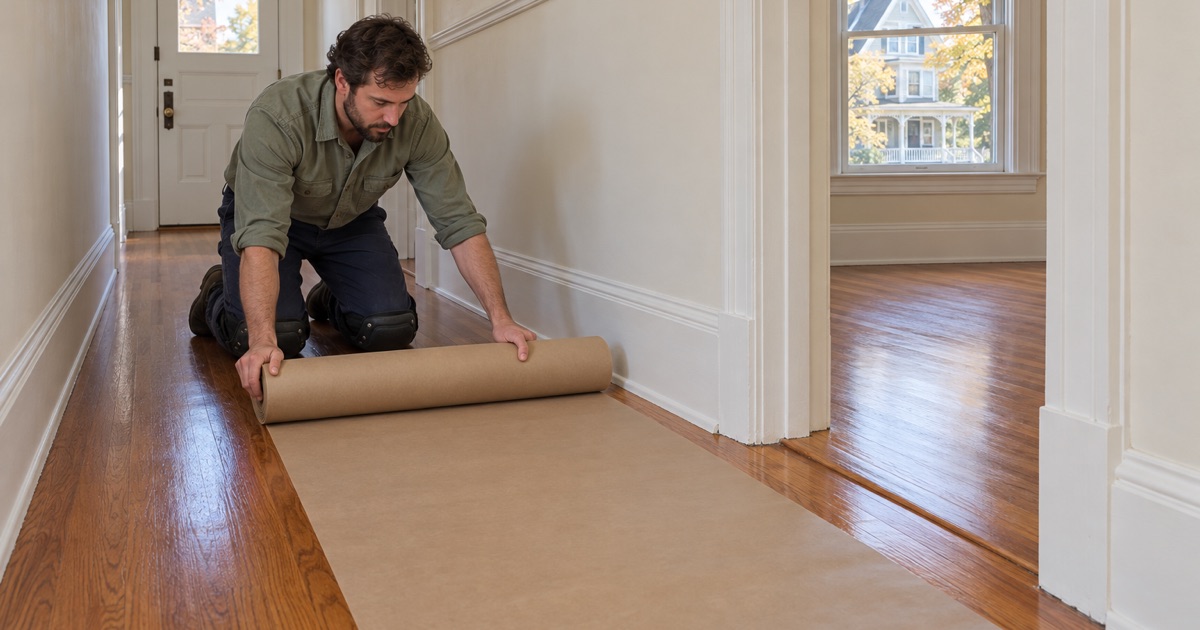 Worker unrolling protective paper over a newly refinished oak floor in the first-floor unit of a two-family house in Jamaica Plain.
