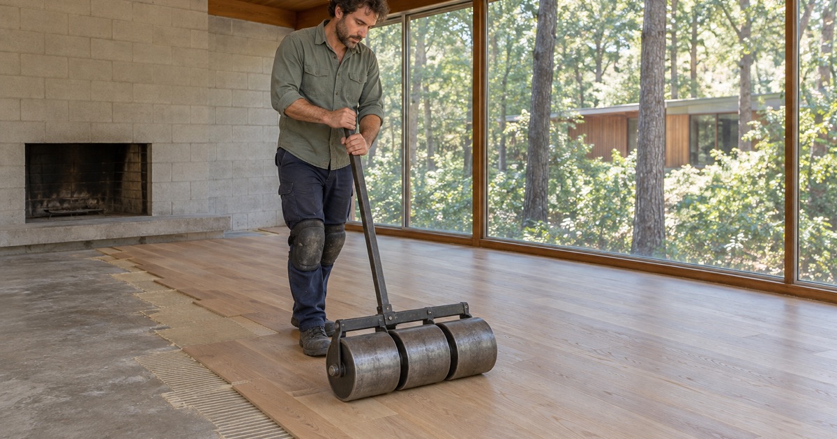 Worker rolling new engineered oak planks glued over a radiant-heated concrete floor in a mid-century modern house in Lexington.
