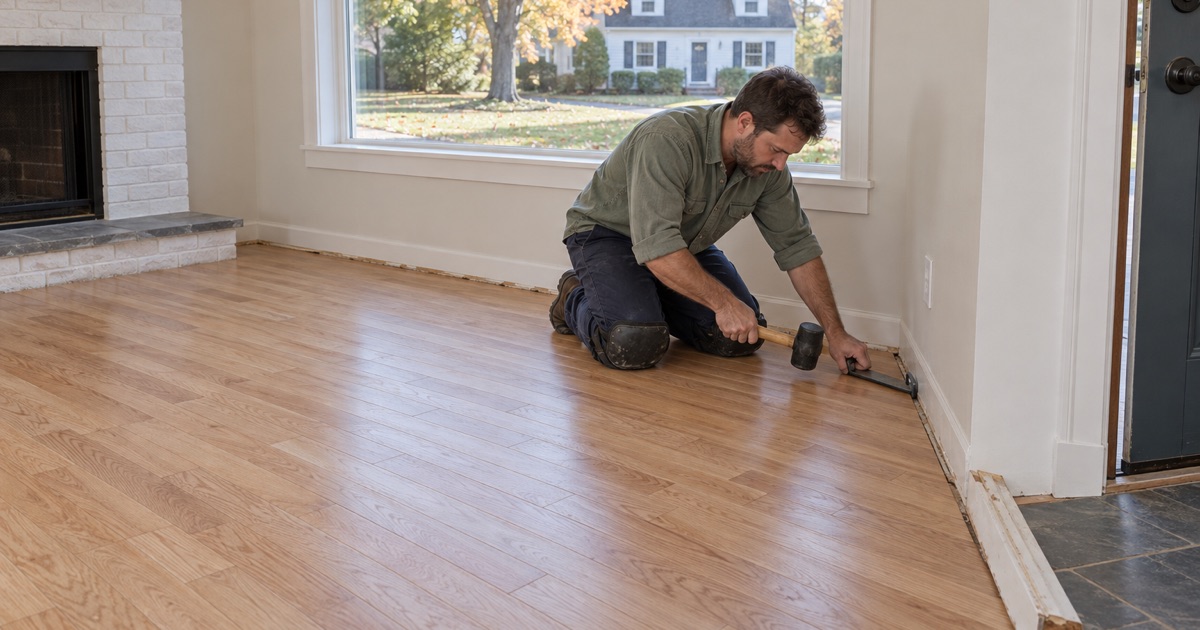 Worker seating the last oak board of a new floor with a pull bar in a Walpole house.