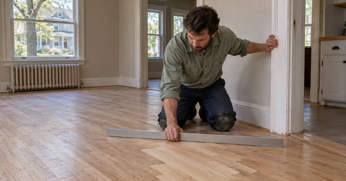 Repaired oak strip floor checked for level in an older Waltham house before refinishing.