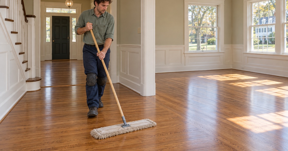 Worker dust-mopping a refinished original oak floor in the center hall of a pre-1950 Colonial Revival house in Wellesley.
