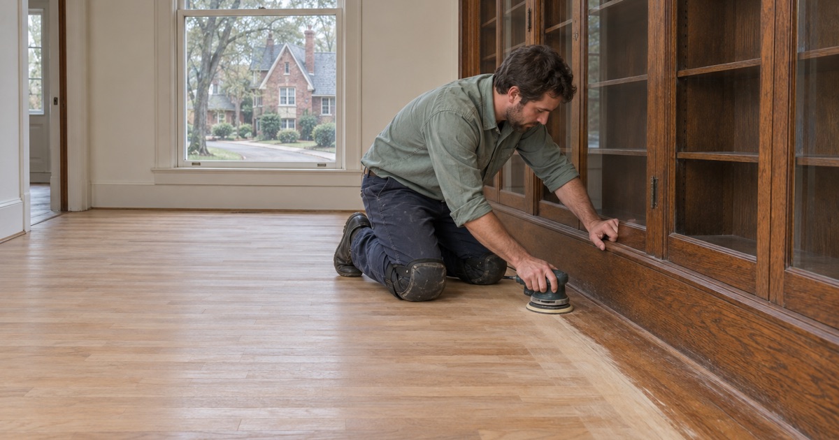 Worker sanding the oak floor along the base of a built-in bookcase in a prewar house in Winchester.